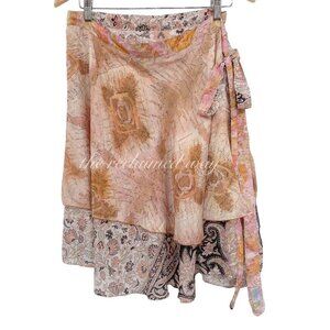 Vintage Iris Impression Silk Floral Printed Wrap Skirt Convertible Side Tie